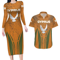 Cyprus Couples Matching Long Sleeve Bodycon Dress and Hawaiian Shirt with Orange Green Grunge Design and Peace Dove Emblem - Wonder Print Shop