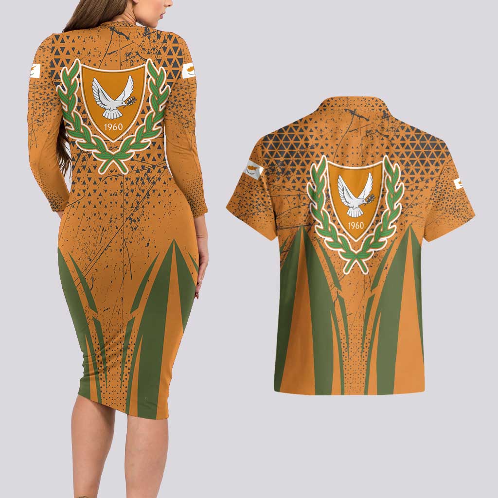 Cyprus Couples Matching Long Sleeve Bodycon Dress and Hawaiian Shirt with Orange Green Grunge Design and Peace Dove Emblem - Wonder Print Shop