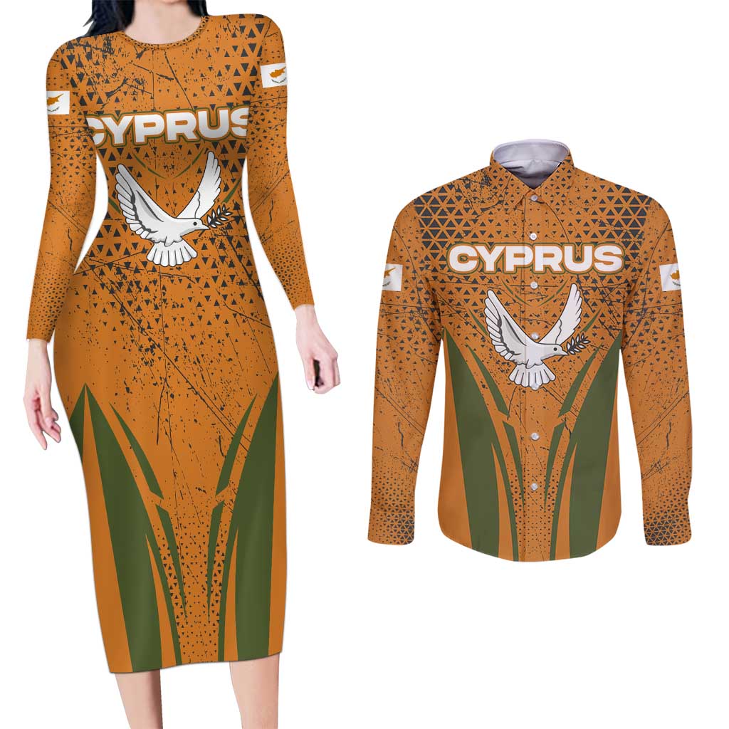 Cyprus Couples Matching Long Sleeve Bodycon Dress and Long Sleeve Button Shirt with Orange Green Grunge Design and Peace Dove Emblem - Wonder Print Shop
