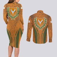 Cyprus Couples Matching Long Sleeve Bodycon Dress and Long Sleeve Button Shirt with Orange Green Grunge Design and Peace Dove Emblem - Wonder Print Shop