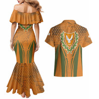 Cyprus Couples Matching Mermaid Dress and Hawaiian Shirt with Orange Green Grunge Design and Peace Dove Emblem - Wonder Print Shop