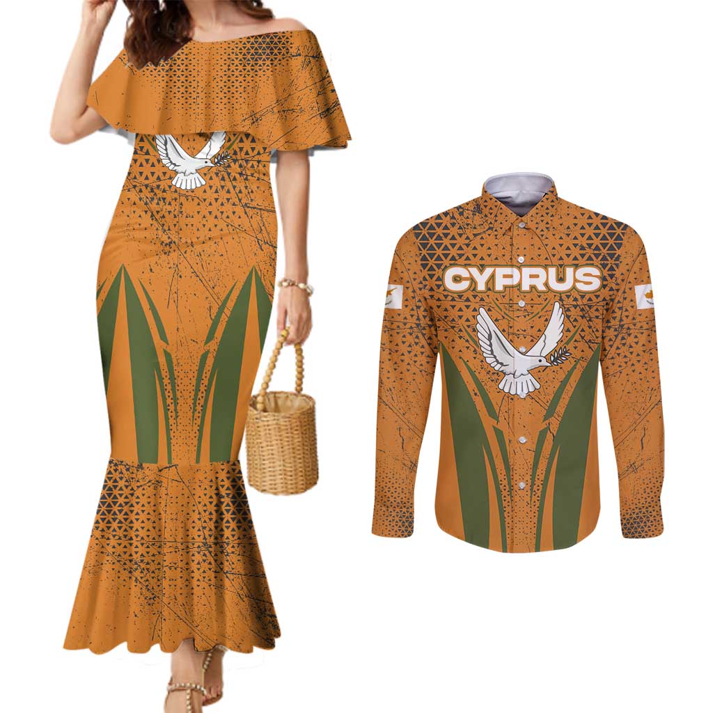 Cyprus Couples Matching Mermaid Dress and Long Sleeve Button Shirt with Orange Green Grunge Design and Peace Dove Emblem - Wonder Print Shop