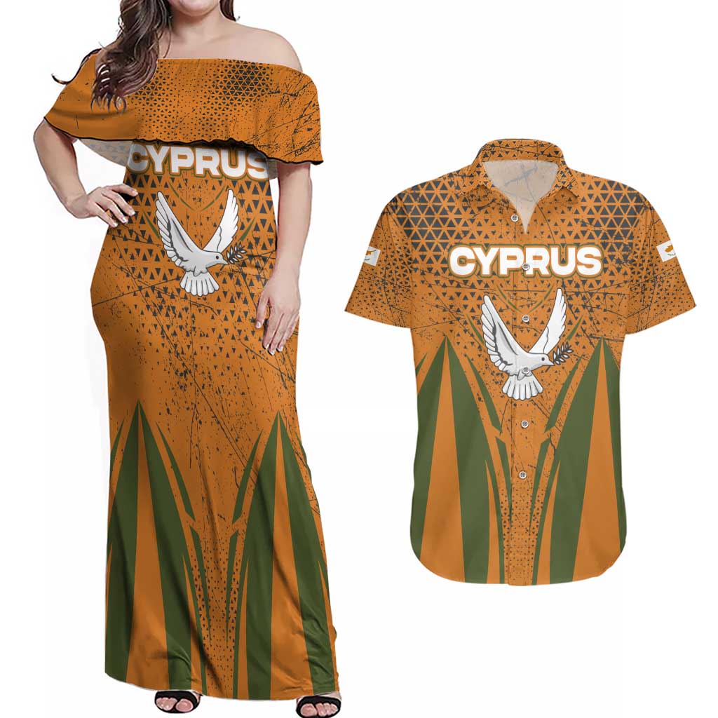 Cyprus Couples Matching Off Shoulder Maxi Dress and Hawaiian Shirt with Orange Green Grunge Design and Peace Dove Emblem - Wonder Print Shop