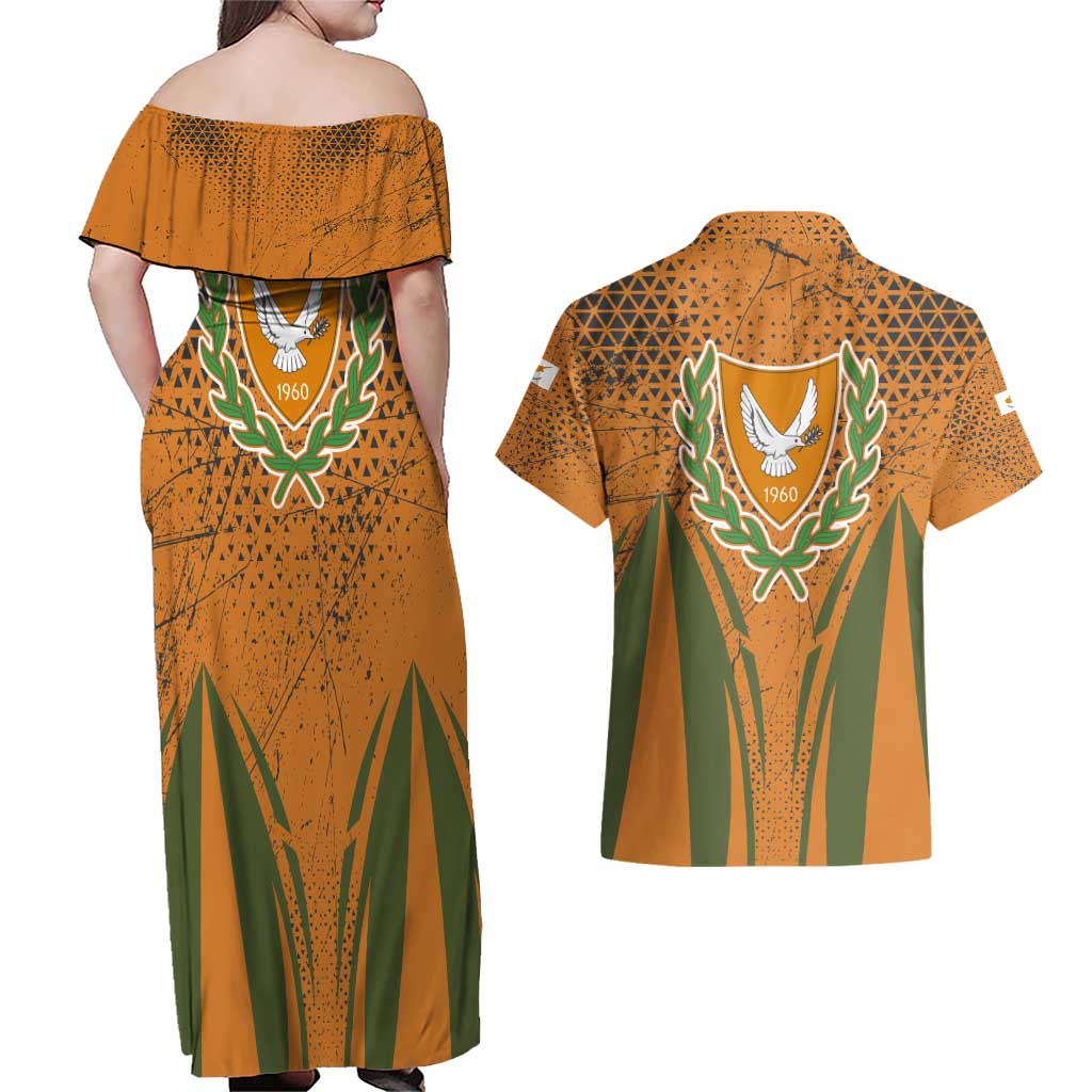 Cyprus Couples Matching Off Shoulder Maxi Dress and Hawaiian Shirt with Orange Green Grunge Design and Peace Dove Emblem - Wonder Print Shop