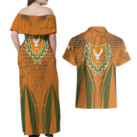 Cyprus Couples Matching Off Shoulder Maxi Dress and Hawaiian Shirt with Orange Green Grunge Design and Peace Dove Emblem - Wonder Print Shop