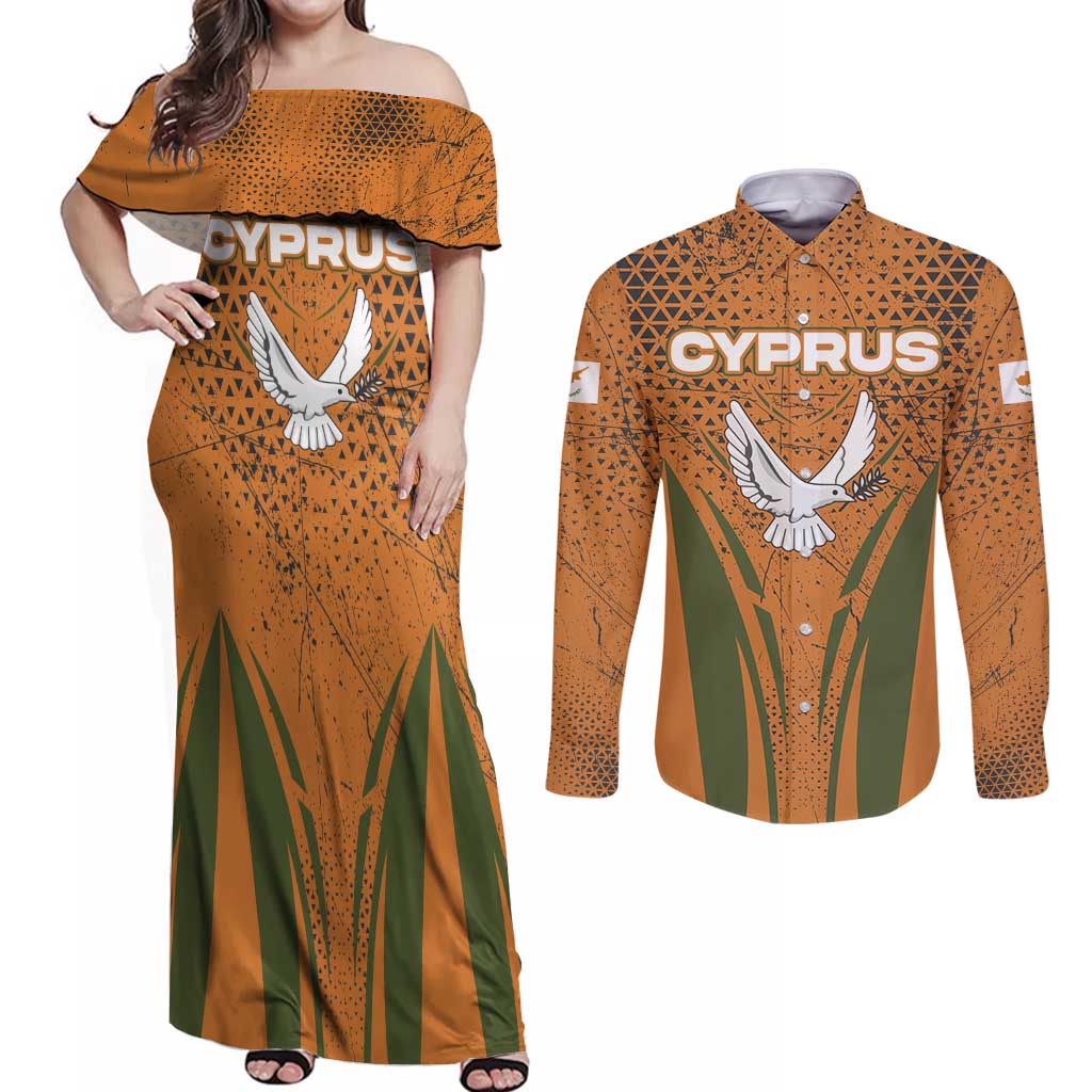 Cyprus Couples Matching Off Shoulder Maxi Dress and Long Sleeve Button Shirt with Orange Green Grunge Design and Peace Dove Emblem - Wonder Print Shop