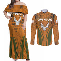 Cyprus Couples Matching Off Shoulder Maxi Dress and Long Sleeve Button Shirt with Orange Green Grunge Design and Peace Dove Emblem - Wonder Print Shop