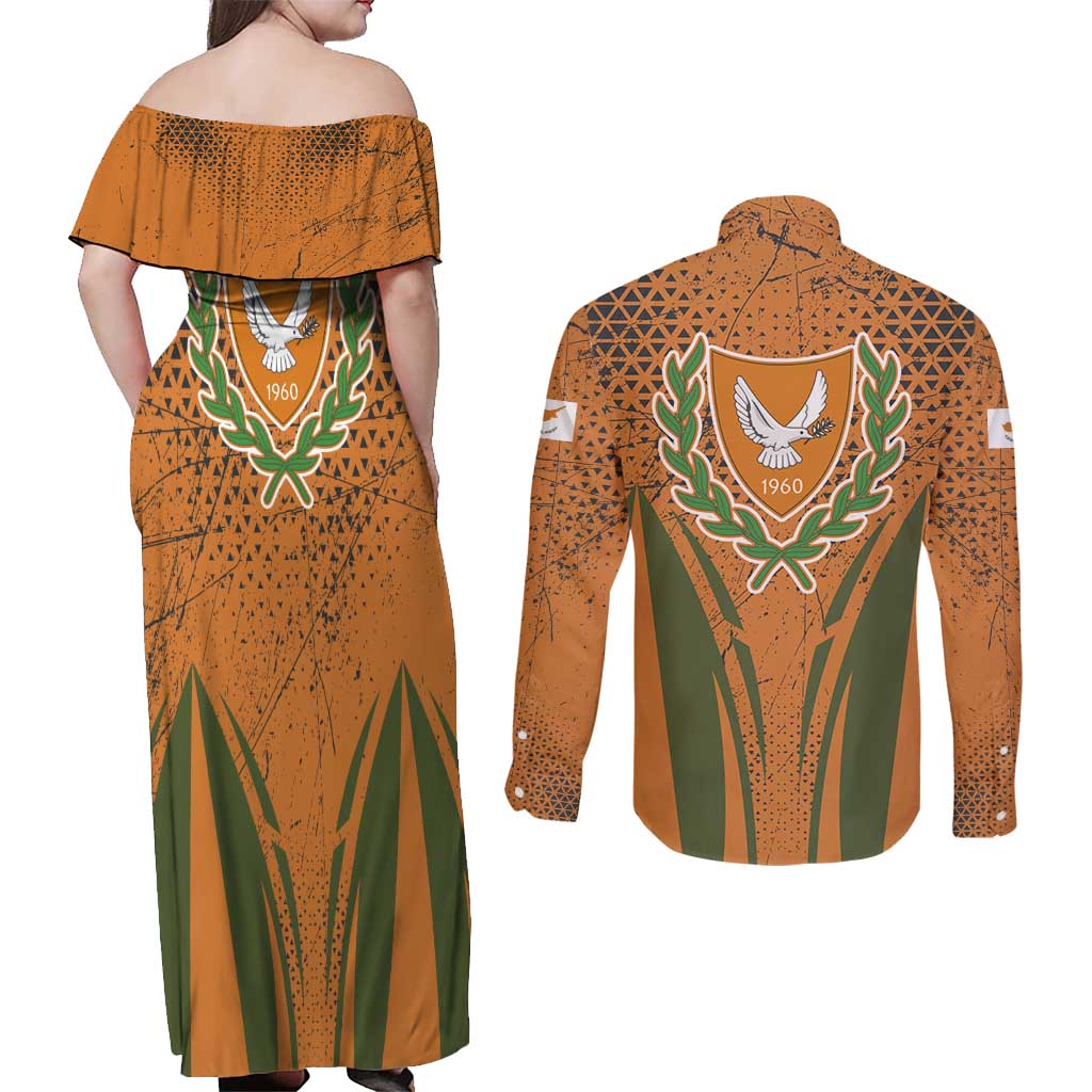 Cyprus Couples Matching Off Shoulder Maxi Dress and Long Sleeve Button Shirt with Orange Green Grunge Design and Peace Dove Emblem - Wonder Print Shop