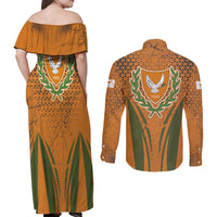 Cyprus Couples Matching Off Shoulder Maxi Dress and Long Sleeve Button Shirt with Orange Green Grunge Design and Peace Dove Emblem - Wonder Print Shop