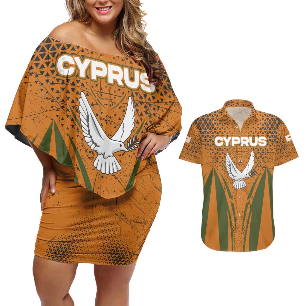 Cyprus Couples Matching Off Shoulder Short Dress and Hawaiian Shirt with Orange Green Grunge Design and Peace Dove Emblem - Wonder Print Shop