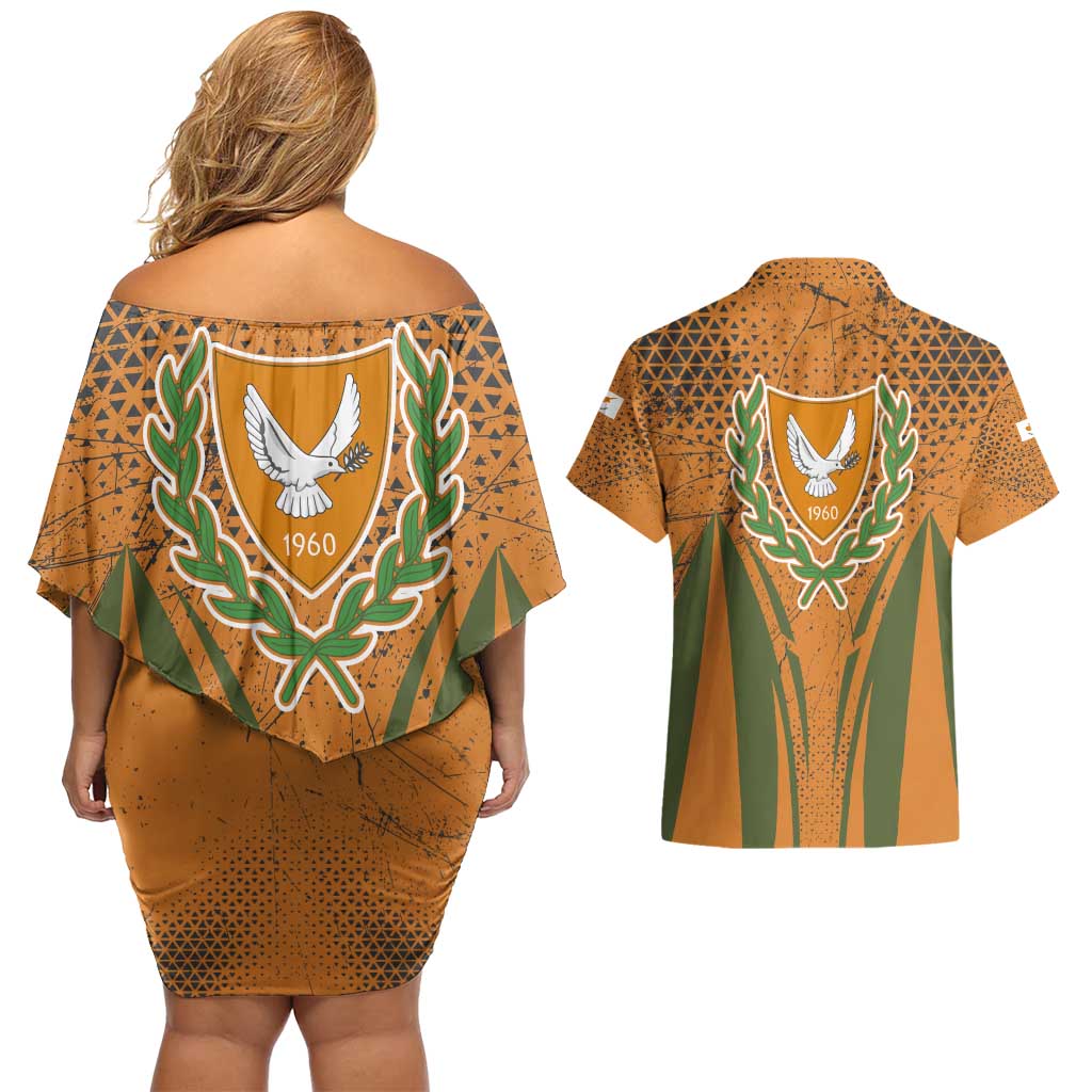 Cyprus Couples Matching Off Shoulder Short Dress and Hawaiian Shirt with Orange Green Grunge Design and Peace Dove Emblem - Wonder Print Shop