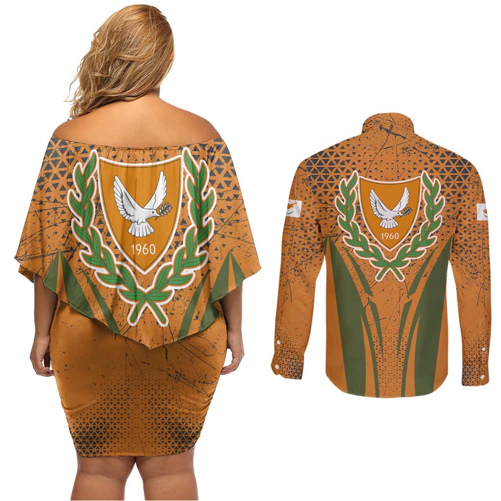 Cyprus Couples Matching Off Shoulder Short Dress and Long Sleeve Button Shirt with Orange Green Grunge Design and Peace Dove Emblem - Wonder Print Shop