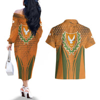 Cyprus Couples Matching Off The Shoulder Long Sleeve Dress and Hawaiian Shirt with Orange Green Grunge Design and Peace Dove Emblem - Wonder Print Shop