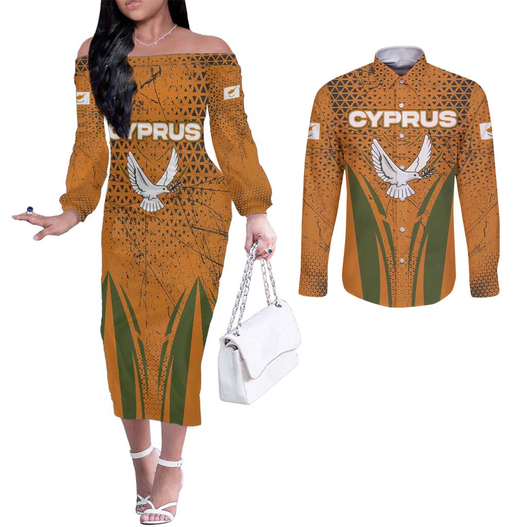 Cyprus Couples Matching Off The Shoulder Long Sleeve Dress and Long Sleeve Button Shirt with Orange Green Grunge Design and Peace Dove Emblem - Wonder Print Shop