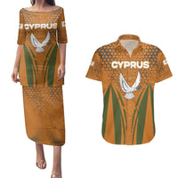 Cyprus Couples Matching Puletasi and Hawaiian Shirt with Orange Green Grunge Design and Peace Dove Emblem - Wonder Print Shop