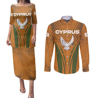 Cyprus Couples Matching Puletasi and Long Sleeve Button Shirt with Orange Green Grunge Design and Peace Dove Emblem - Wonder Print Shop