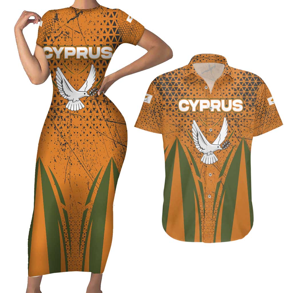 Cyprus Couples Matching Short Sleeve Bodycon Dress and Hawaiian Shirt with Orange Green Grunge Design and Peace Dove Emblem - Wonder Print Shop