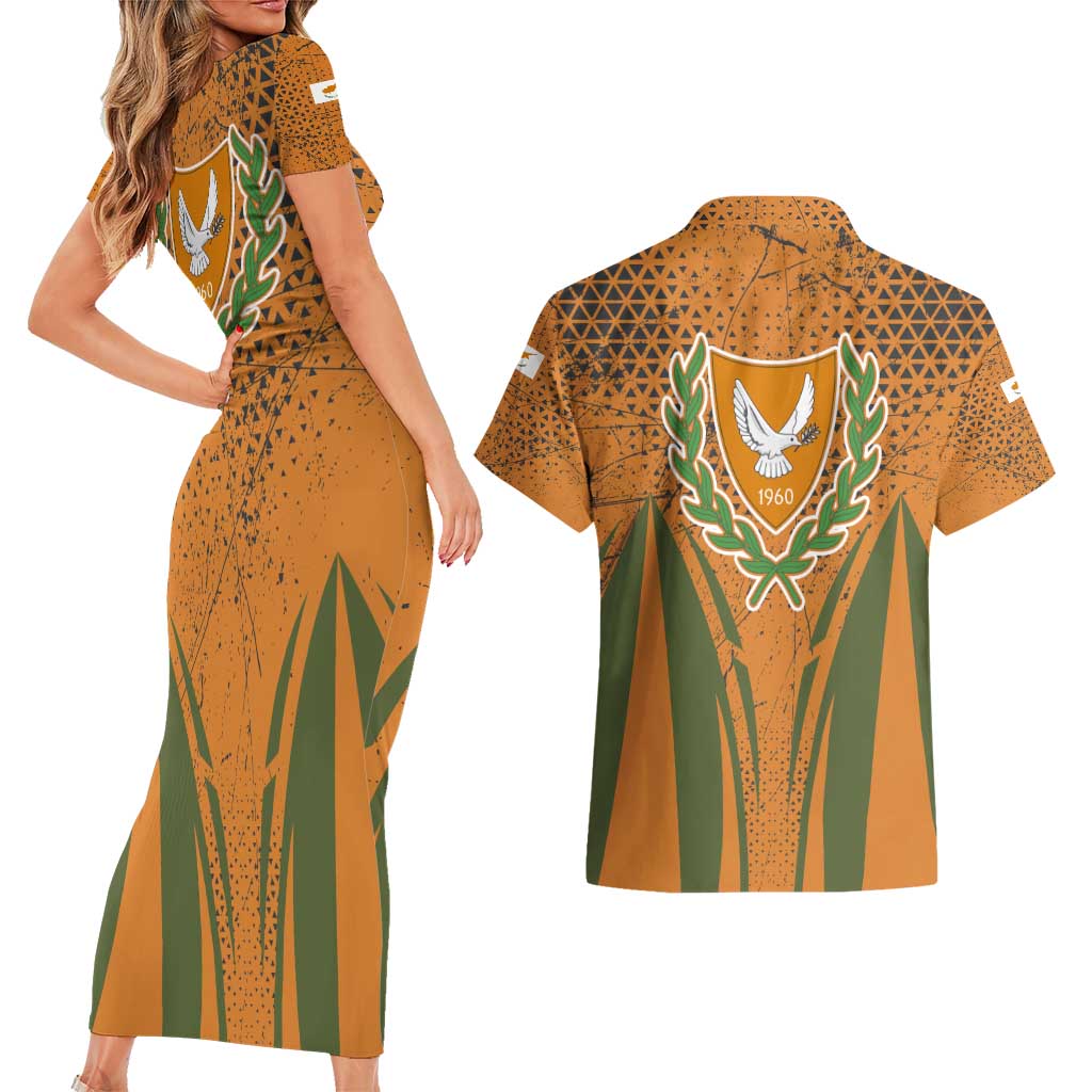 Cyprus Couples Matching Short Sleeve Bodycon Dress and Hawaiian Shirt with Orange Green Grunge Design and Peace Dove Emblem - Wonder Print Shop