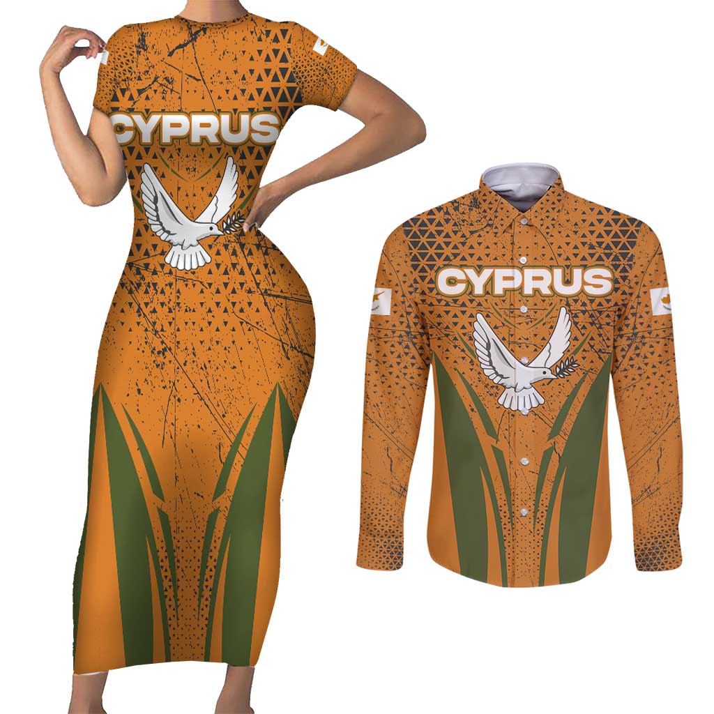Cyprus Couples Matching Short Sleeve Bodycon Dress and Long Sleeve Button Shirt with Orange Green Grunge Design and Peace Dove Emblem - Wonder Print Shop