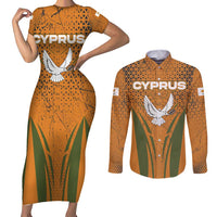Cyprus Couples Matching Short Sleeve Bodycon Dress and Long Sleeve Button Shirt with Orange Green Grunge Design and Peace Dove Emblem - Wonder Print Shop
