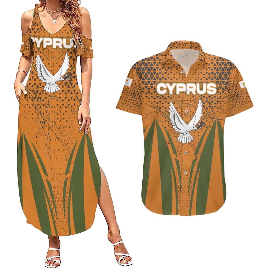 Cyprus Couples Matching Summer Maxi Dress and Hawaiian Shirt with Orange Green Grunge Design and Peace Dove Emblem - Wonder Print Shop