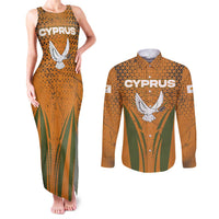 Cyprus Couples Matching Tank Maxi Dress and Long Sleeve Button Shirt with Orange Green Grunge Design and Peace Dove Emblem - Wonder Print Shop