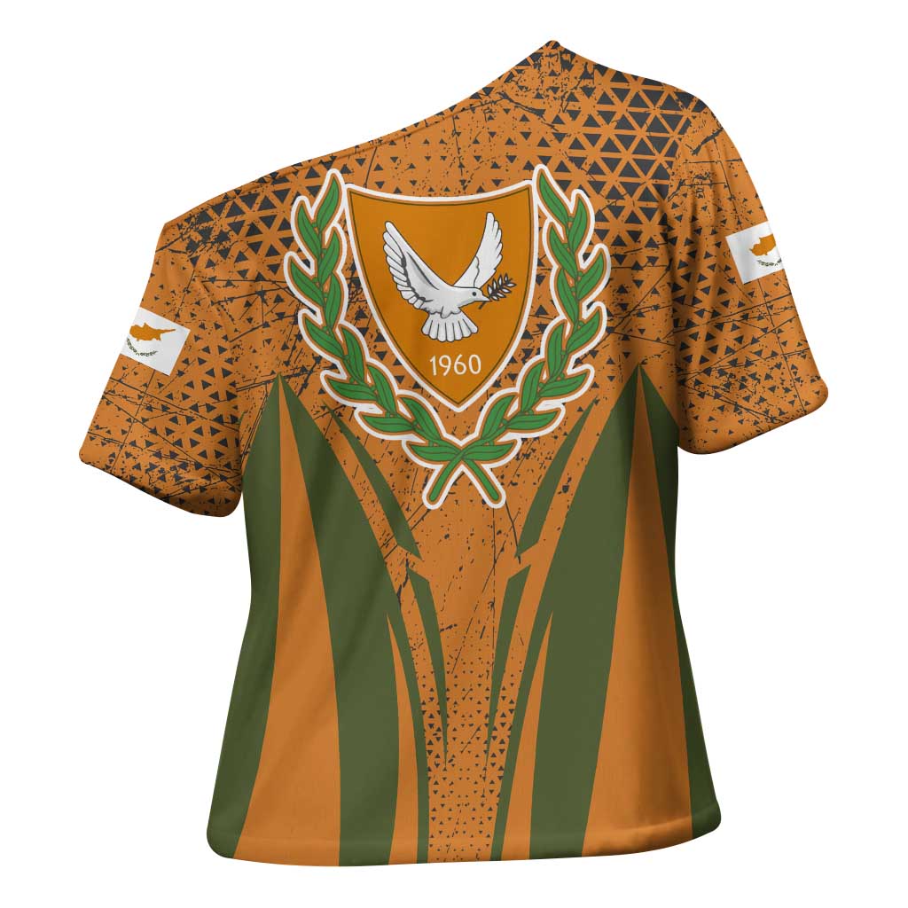 Cyprus Cross Shoulder Shirt with Orange Green Grunge Design and Peace Dove Emblem - Wonder Print Shop
