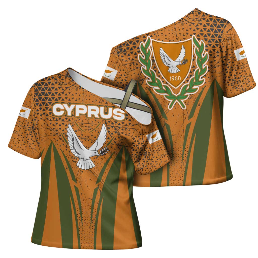Cyprus Cross Shoulder Shirt with Orange Green Grunge Design and Peace Dove Emblem - Wonder Print Shop