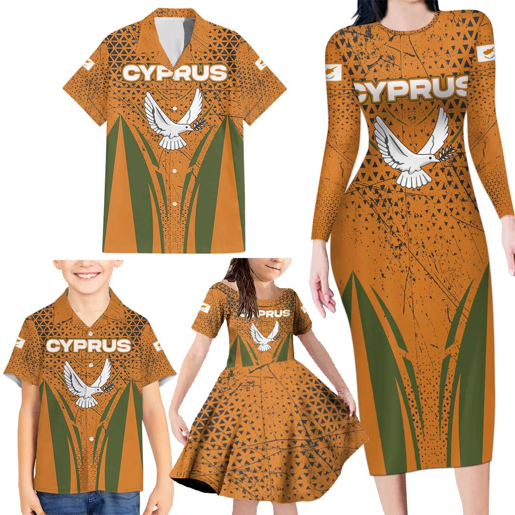 Cyprus Family Matching Long Sleeve Bodycon Dress and Hawaiian Shirt with Orange Green Grunge Design and Peace Dove Emblem - Wonder Print Shop