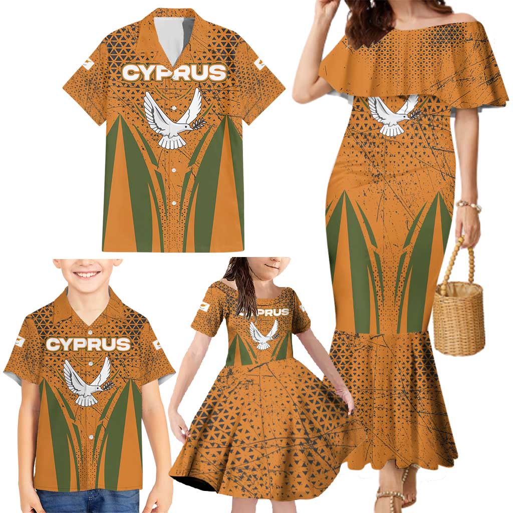 Cyprus Family Matching Mermaid Dress and Hawaiian Shirt with Orange Green Grunge Design and Peace Dove Emblem - Wonder Print Shop