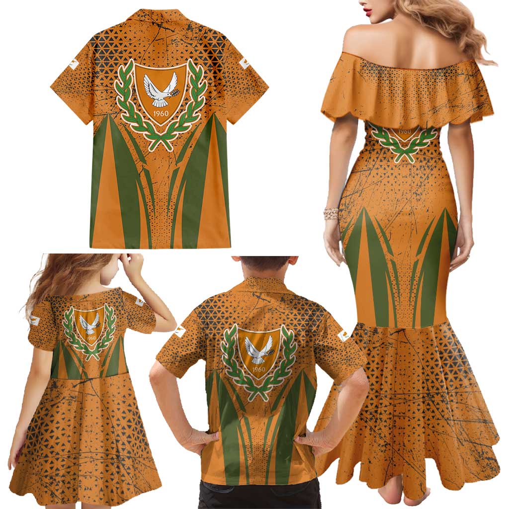Cyprus Family Matching Mermaid Dress and Hawaiian Shirt with Orange Green Grunge Design and Peace Dove Emblem - Wonder Print Shop