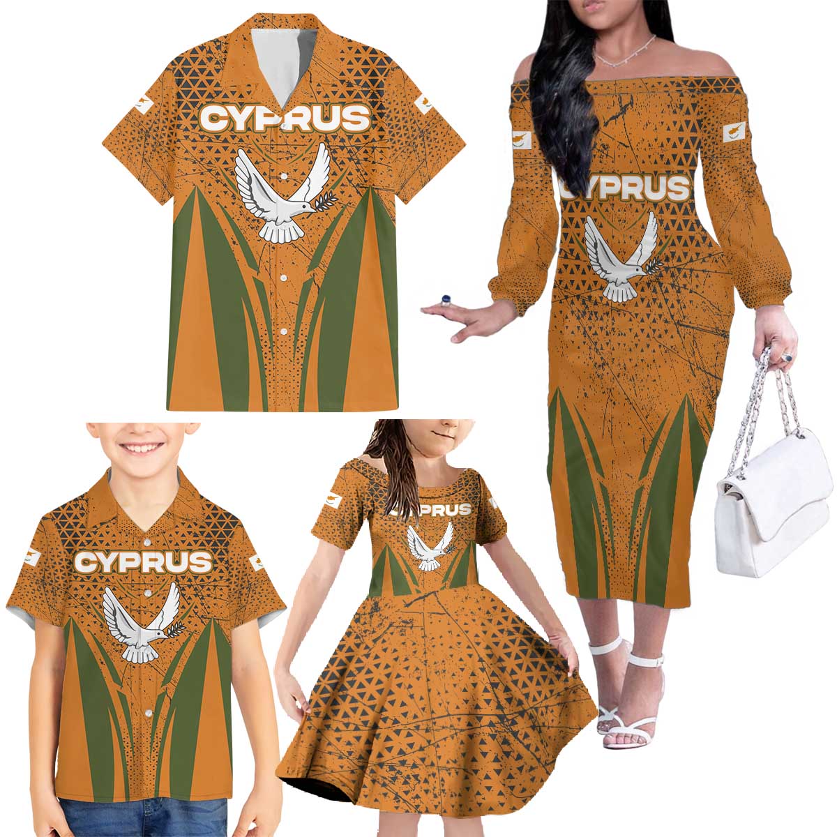 Cyprus Family Matching Off The Shoulder Long Sleeve Dress and Hawaiian Shirt with Orange Green Grunge Design and Peace Dove Emblem - Wonder Print Shop