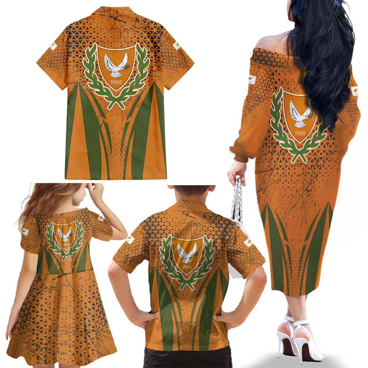 Cyprus Family Matching Off The Shoulder Long Sleeve Dress and Hawaiian Shirt with Orange Green Grunge Design and Peace Dove Emblem - Wonder Print Shop