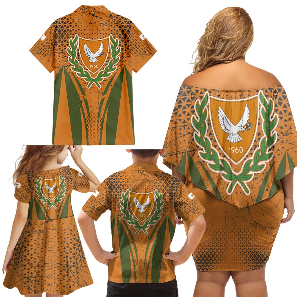 Cyprus Family Matching Off Shoulder Short Dress and Hawaiian Shirt with Orange Green Grunge Design and Peace Dove Emblem - Wonder Print Shop