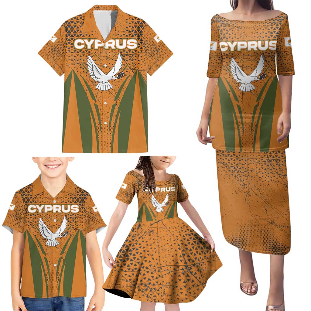 Cyprus Family Matching Puletasi and Hawaiian Shirt with Orange Green Grunge Design and Peace Dove Emblem - Wonder Print Shop
