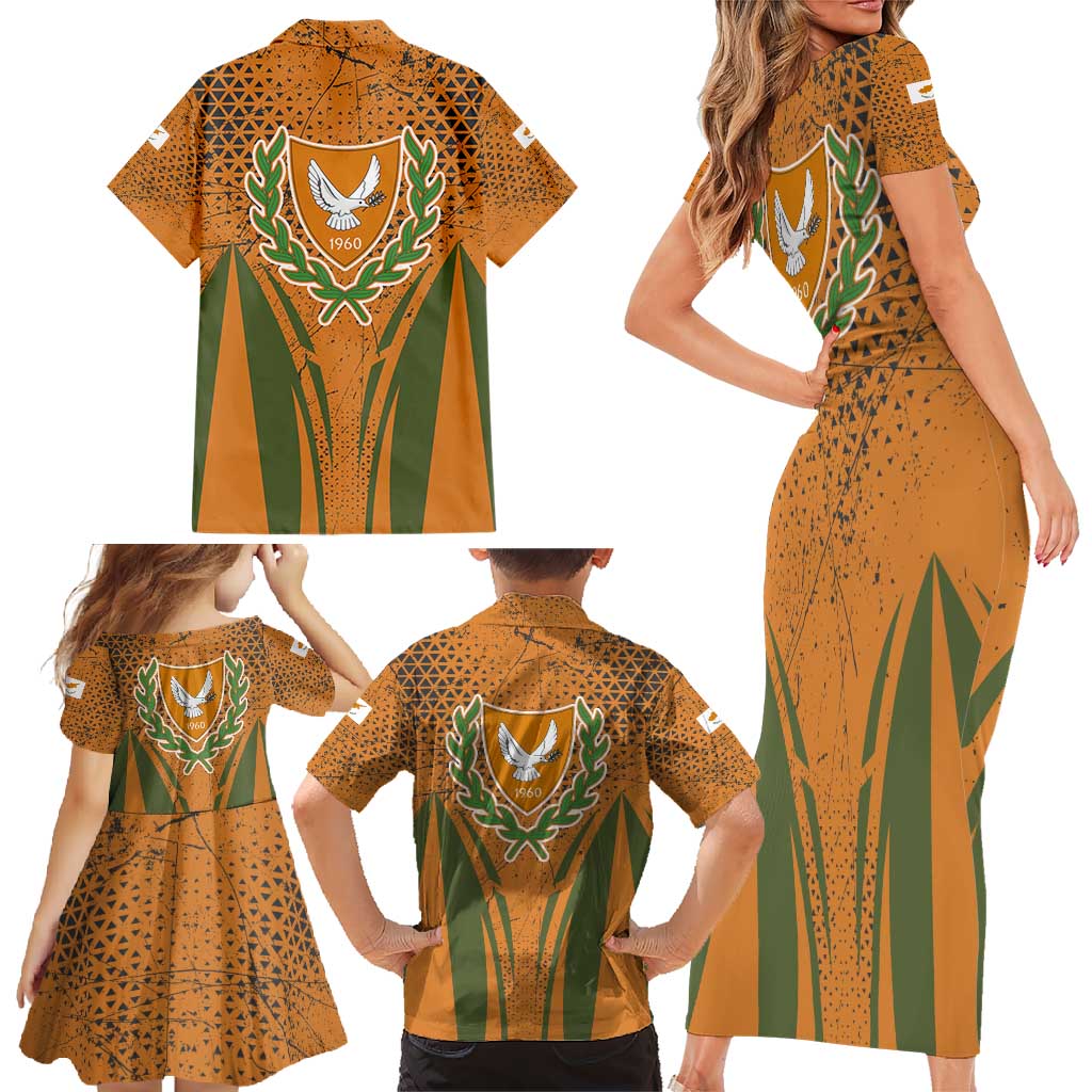 Cyprus Family Matching Short Sleeve Bodycon Dress and Hawaiian Shirt with Orange Green Grunge Design and Peace Dove Emblem - Wonder Print Shop