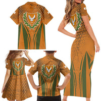 Cyprus Family Matching Short Sleeve Bodycon Dress and Hawaiian Shirt with Orange Green Grunge Design and Peace Dove Emblem - Wonder Print Shop