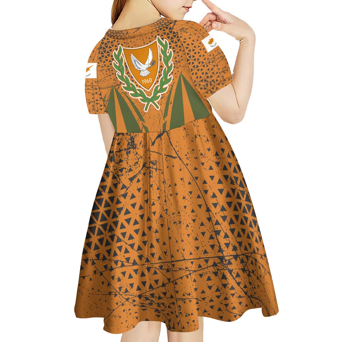 Cyprus Kid Short Sleeve Dress with Orange Green Grunge Design and Peace Dove Emblem - Wonder Print Shop