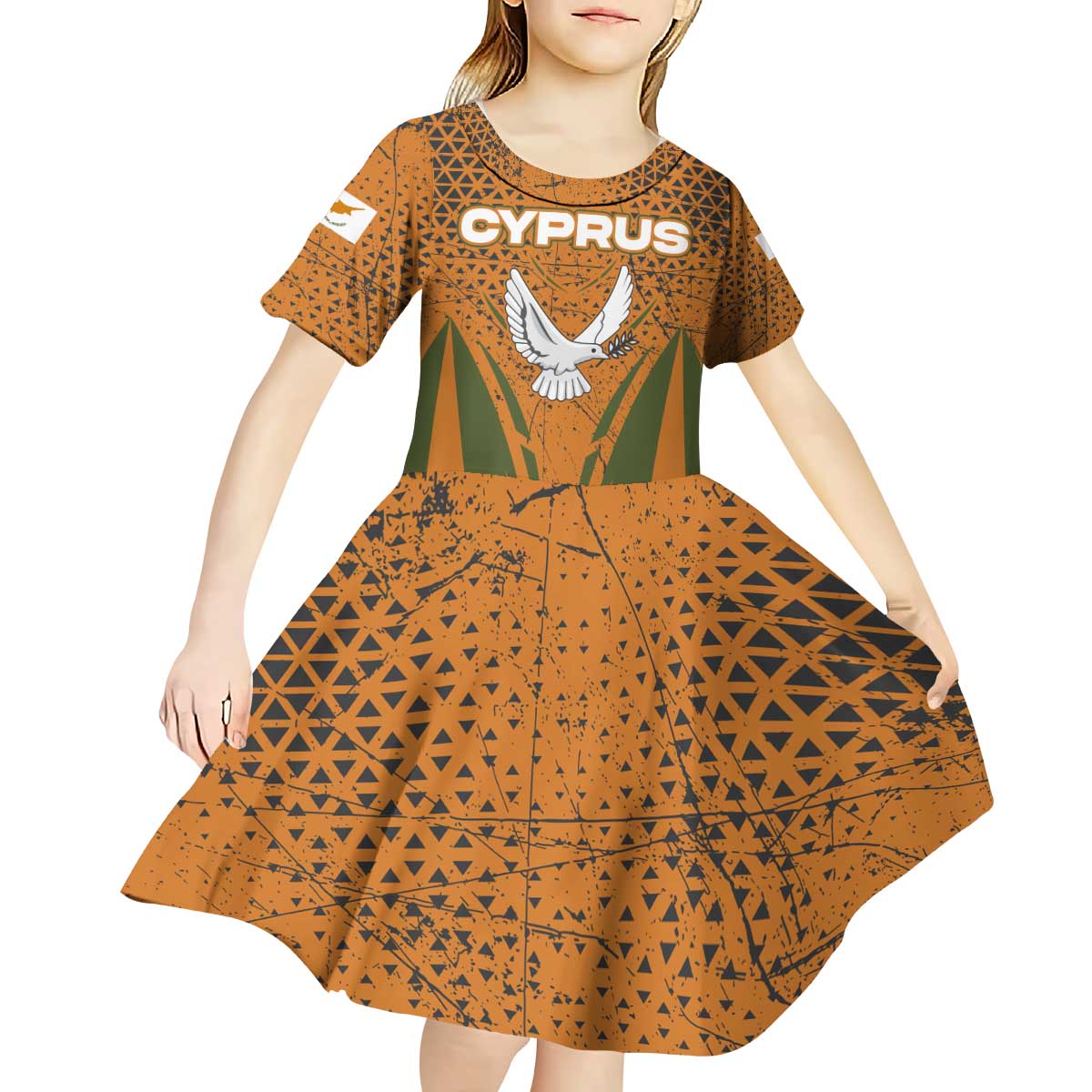 Cyprus Kid Short Sleeve Dress with Orange Green Grunge Design and Peace Dove Emblem - Wonder Print Shop