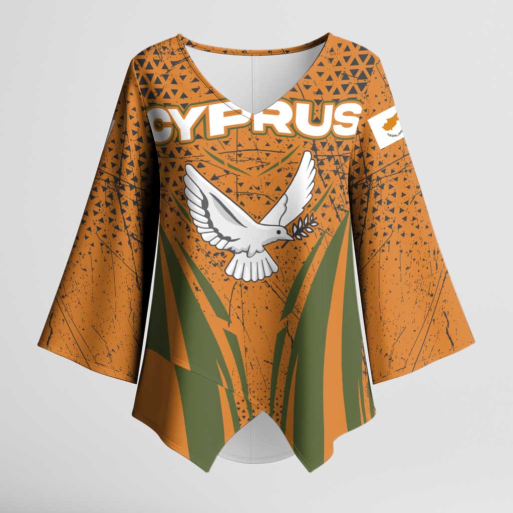 Cyprus Kimono Sleeve Blouse with Orange Green Grunge Design and Peace Dove Emblem - Wonder Print Shop