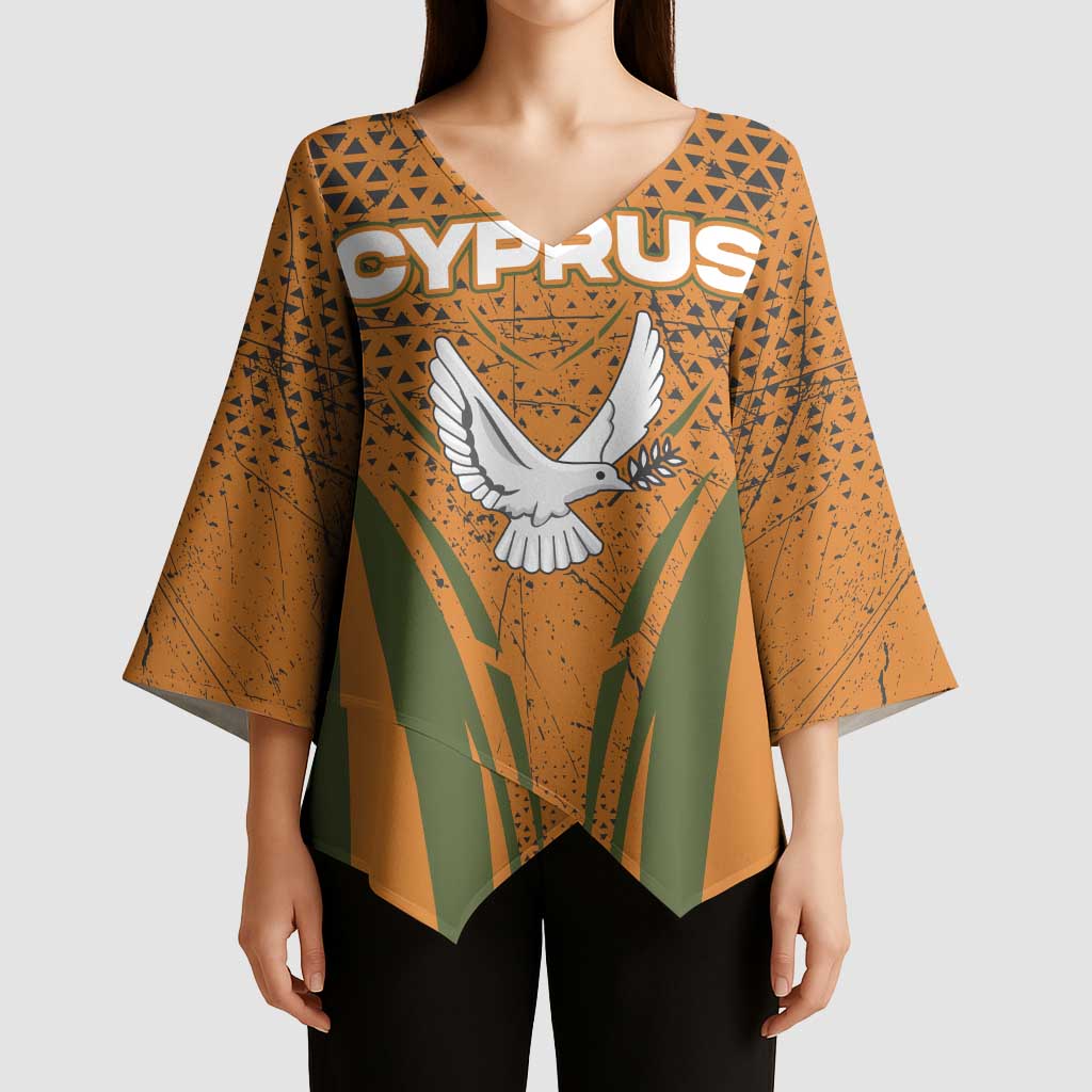 Cyprus Kimono Sleeve Blouse with Orange Green Grunge Design and Peace Dove Emblem - Wonder Print Shop