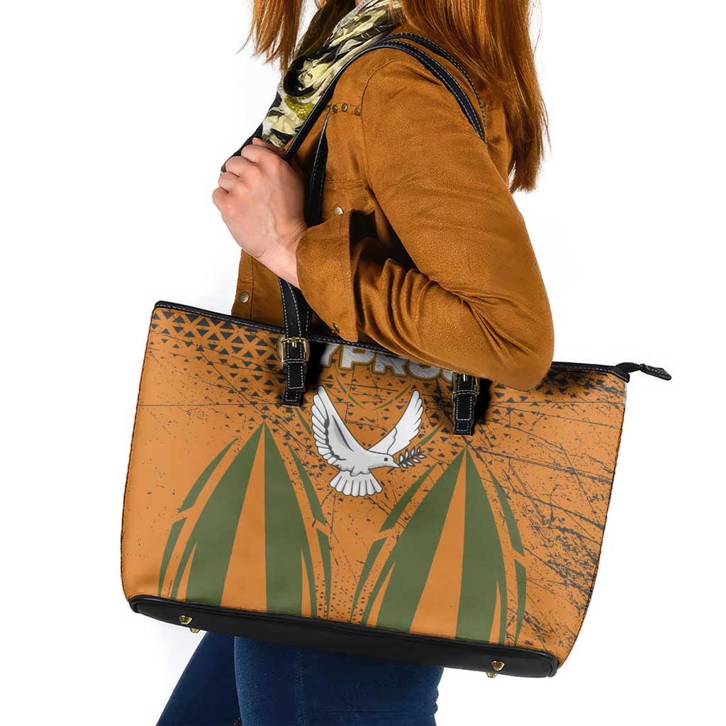 Cyprus Leather Tote Bag with Orange Green Grunge Design and Peace Dove Emblem - Wonder Print Shop