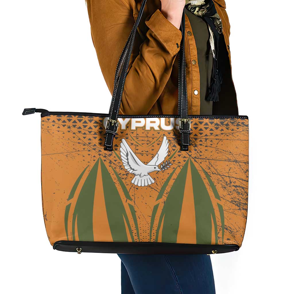 Cyprus Leather Tote Bag with Orange Green Grunge Design and Peace Dove Emblem - Wonder Print Shop