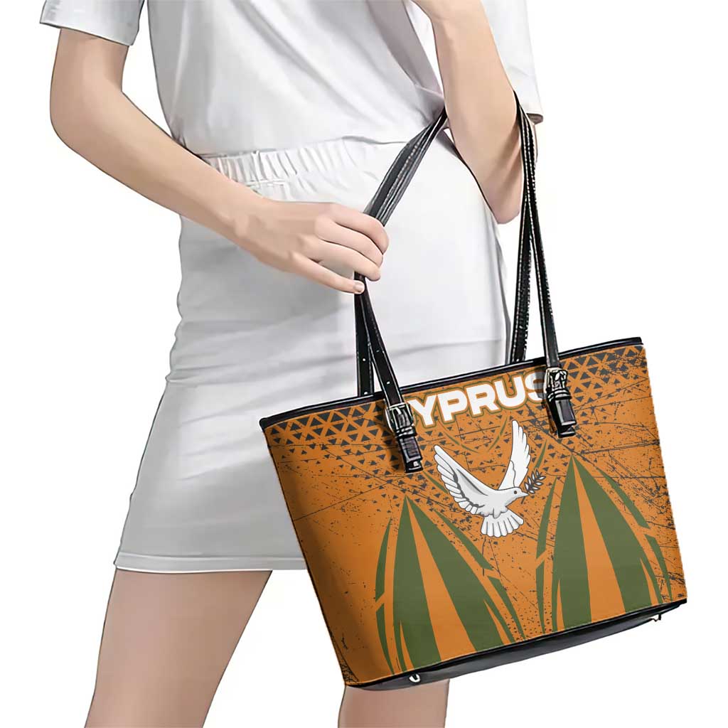 Cyprus Leather Tote Bag with Orange Green Grunge Design and Peace Dove Emblem - Wonder Print Shop