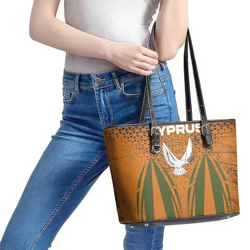 Cyprus Leather Tote Bag with Orange Green Grunge Design and Peace Dove Emblem - Wonder Print Shop
