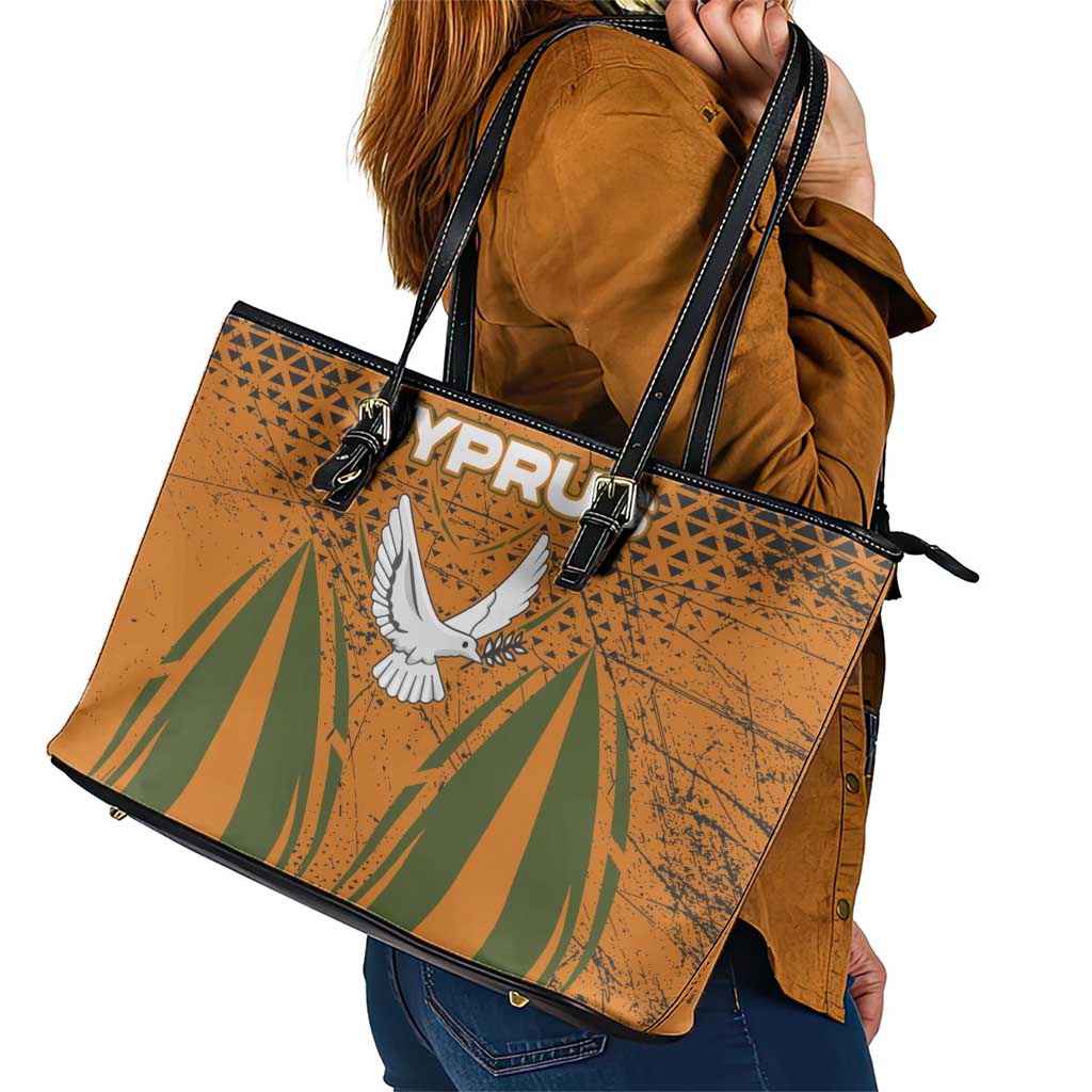 Cyprus Leather Tote Bag with Orange Green Grunge Design and Peace Dove Emblem - Wonder Print Shop