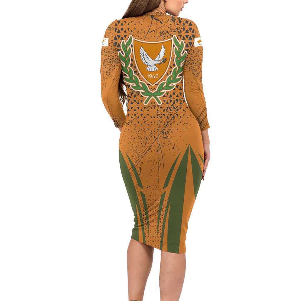 Cyprus Long Sleeve Bodycon Dress with Orange Green Grunge Design and Peace Dove Emblem - Wonder Print Shop