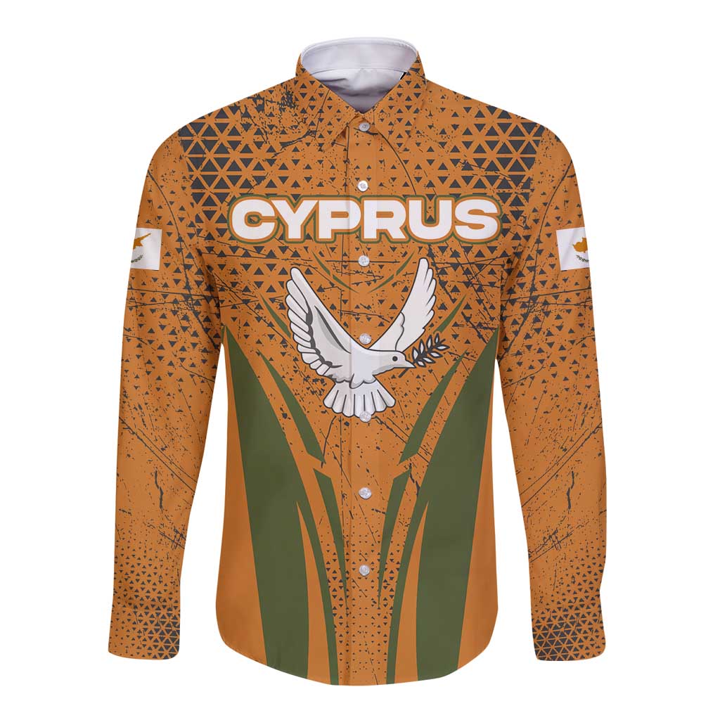 Cyprus Long Sleeve Button Shirt with Orange Green Grunge Design and Peace Dove Emblem - Wonder Print Shop