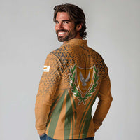 Cyprus Long Sleeve Polo Shirt with Orange Green Grunge Design and Peace Dove Emblem - Wonder Print Shop