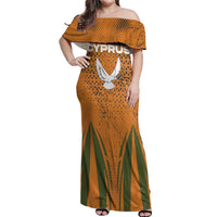 Cyprus Off Shoulder Maxi Dress with Orange Green Grunge Design and Peace Dove Emblem - Wonder Print Shop